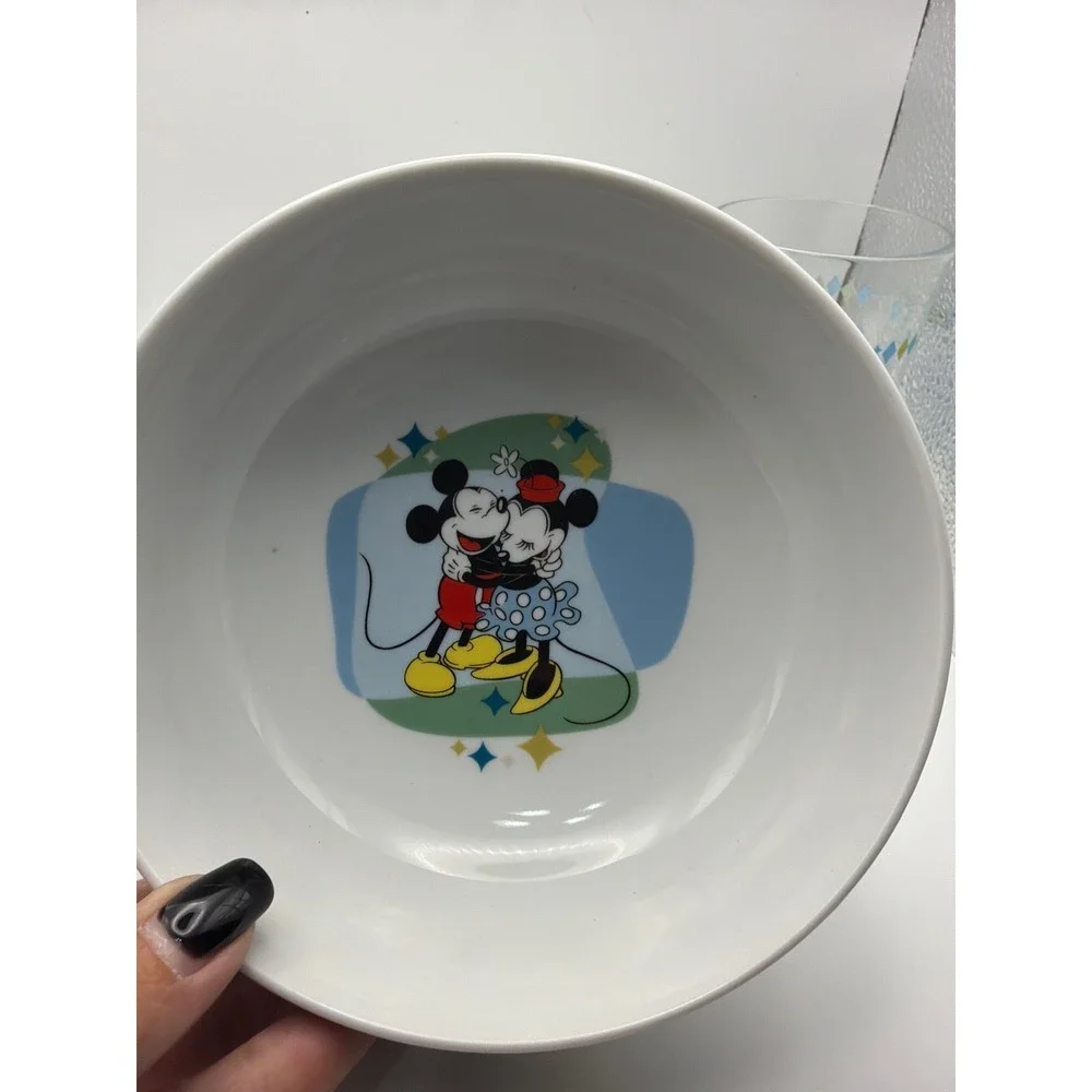 Disney Mickey Mouse Minnie Pluto Gibson Bowl and Glass Set 4 Piece Harlequin